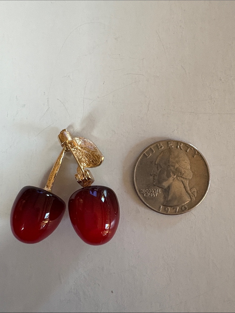 Cherry Pin Brooch with Gold Stem and Green Leaf Accents - Picture 3 of 3